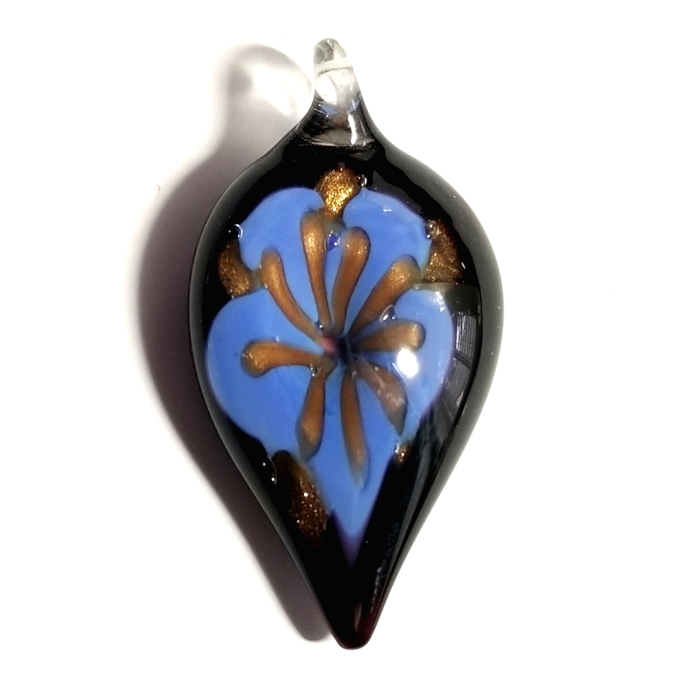 Glass pendant blue black sparkly copper color abstract flower floral